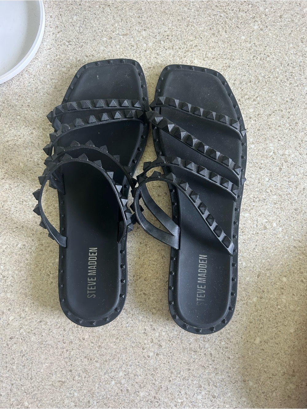 Steve Madden Square Foot Black Studded Multi-Strap Slide Sandals